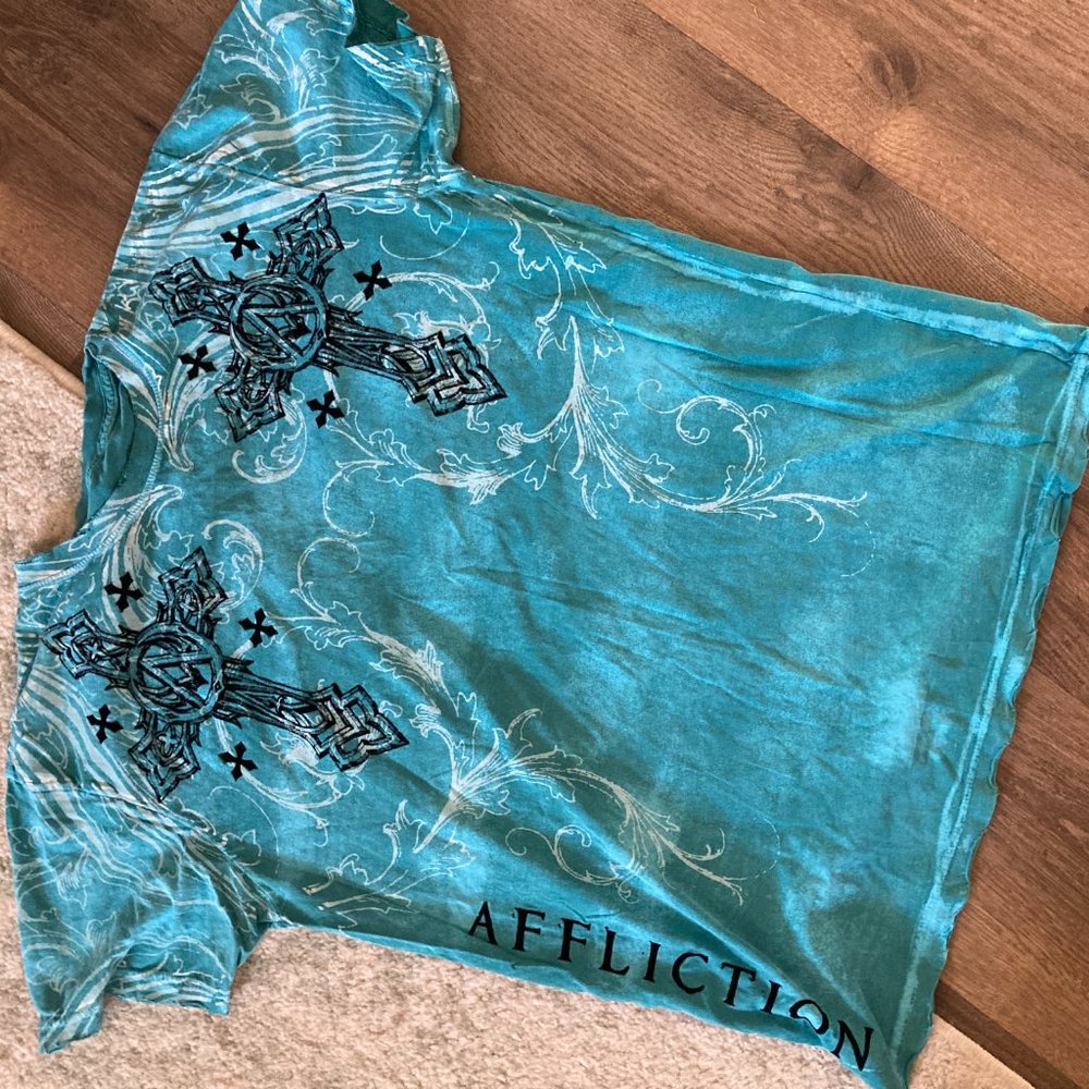 Affliction Blue & Black Velvet Distressed Tee - Picture 1 of 3